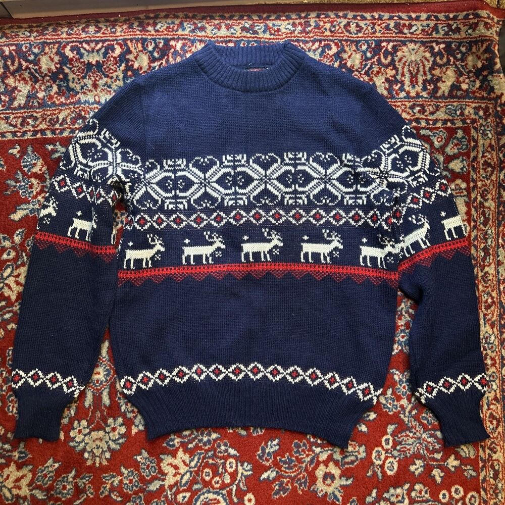 VTG Colin St Marx Fair Isle Sweater Blue Winter Reindeer Sz Medium 1980s